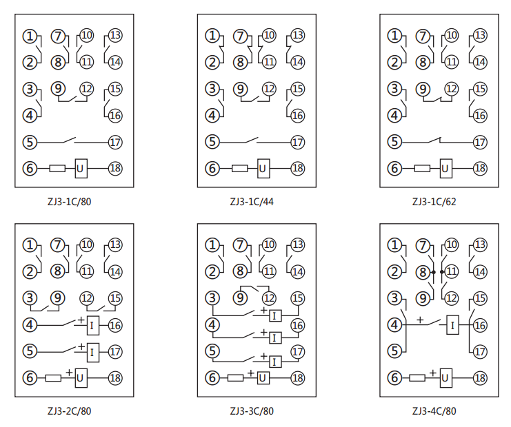 ZJ3-1C/62快速中間繼電器內(nèi)部接線(xiàn)圖及外引接線(xiàn)圖(正視圖)